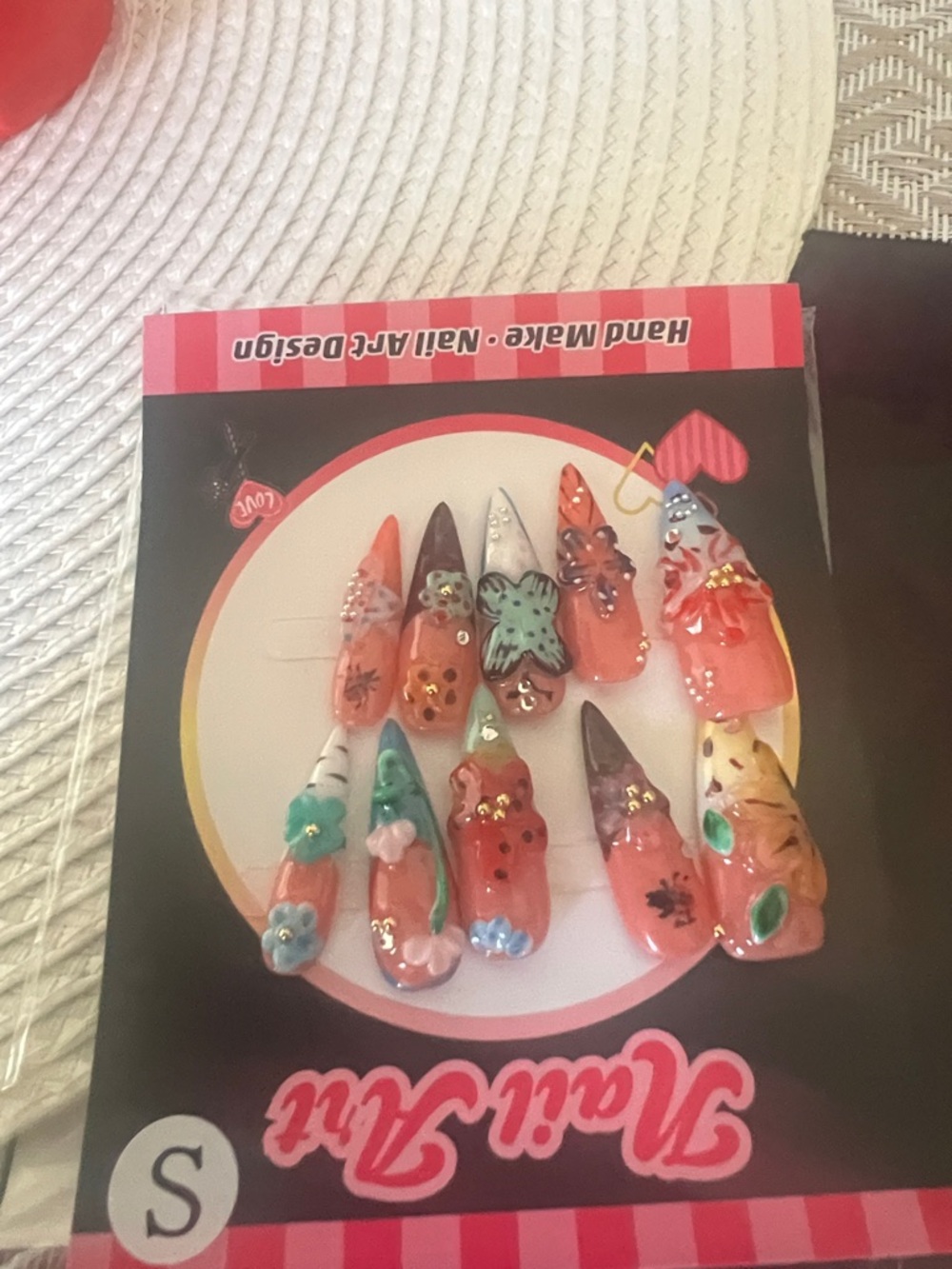 Handmade 3D Floral Stiletto Nail Set - Coral Gradient with Accents